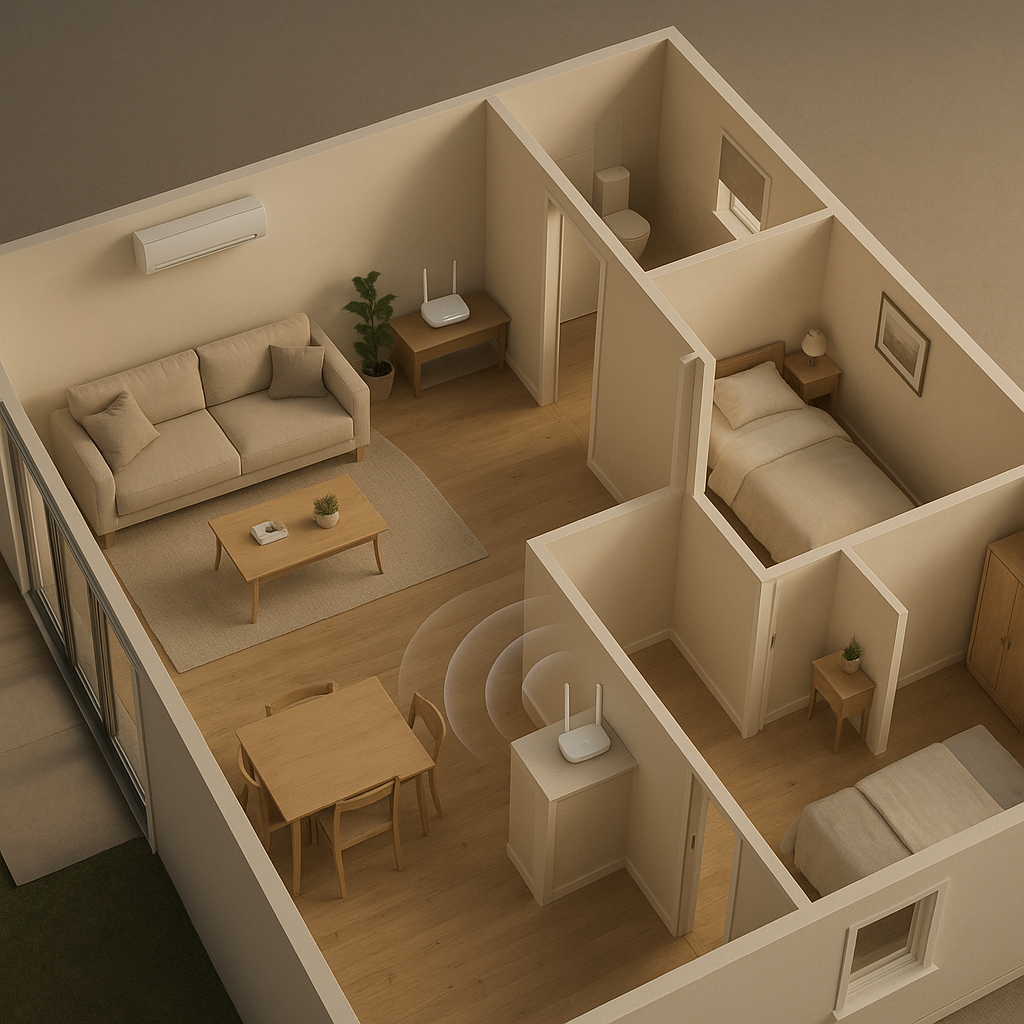A cutaway home showing two wireless routers providing coverage