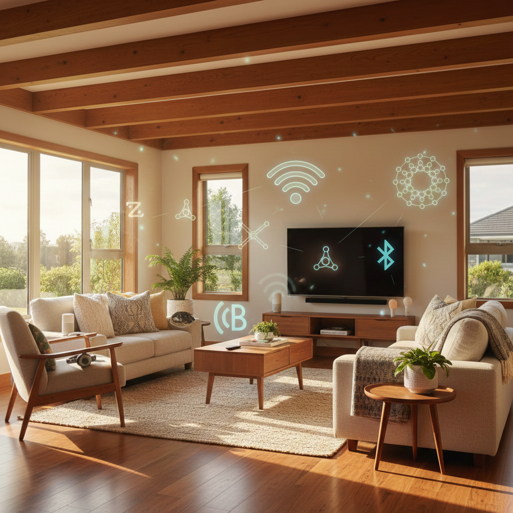 A living room surrounded by symbols for Wi-Fi, Zigbee, Thread, Matter and Bluetooth