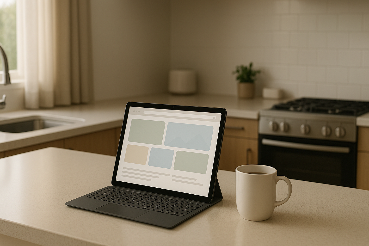A tablet displaying a website layout on a kitchen bench beside a mug