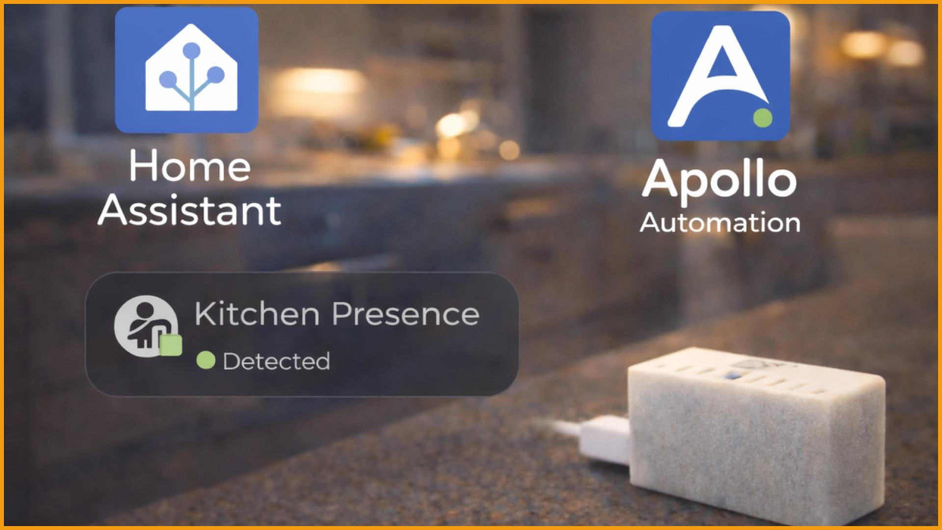 Home Assistant and Apollo Automation logos above a kitchen presence detection card