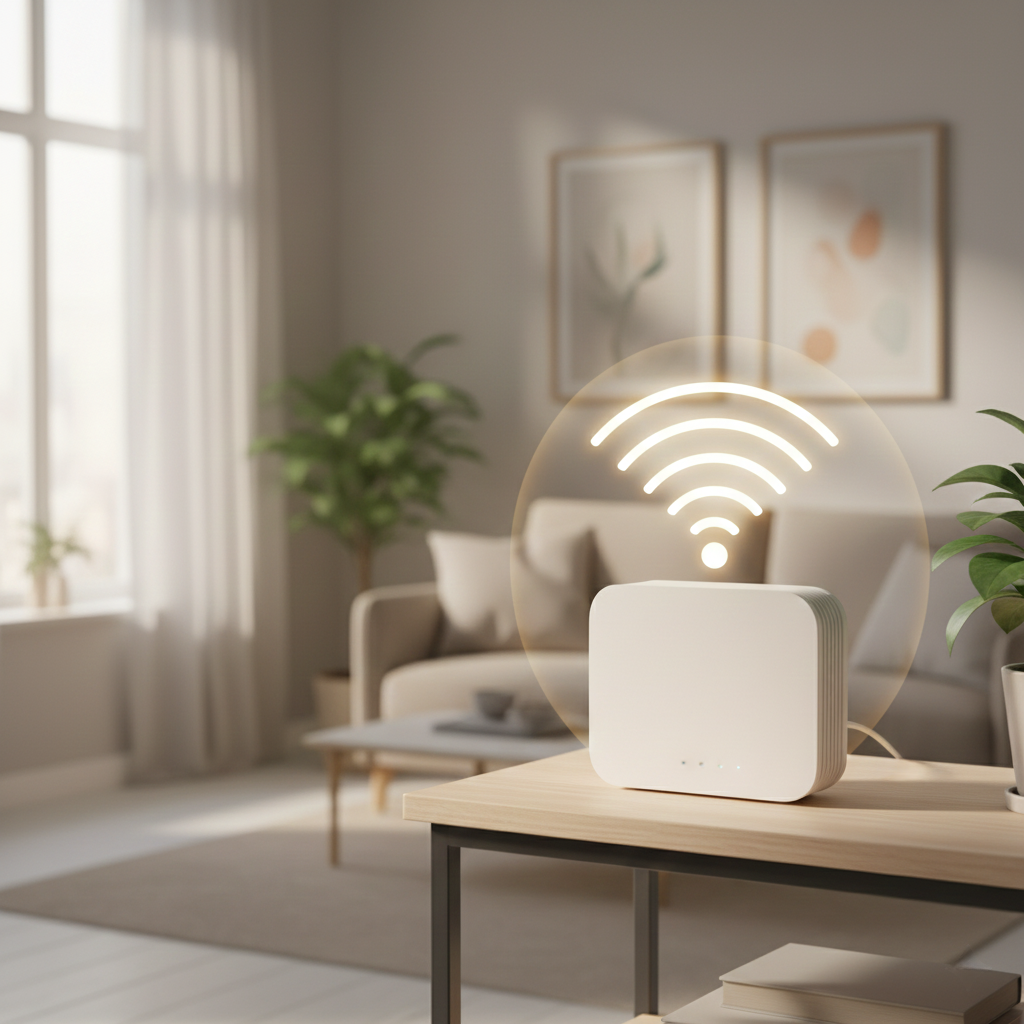 A home Wi-Fi router with a glowing wireless signal in a living room