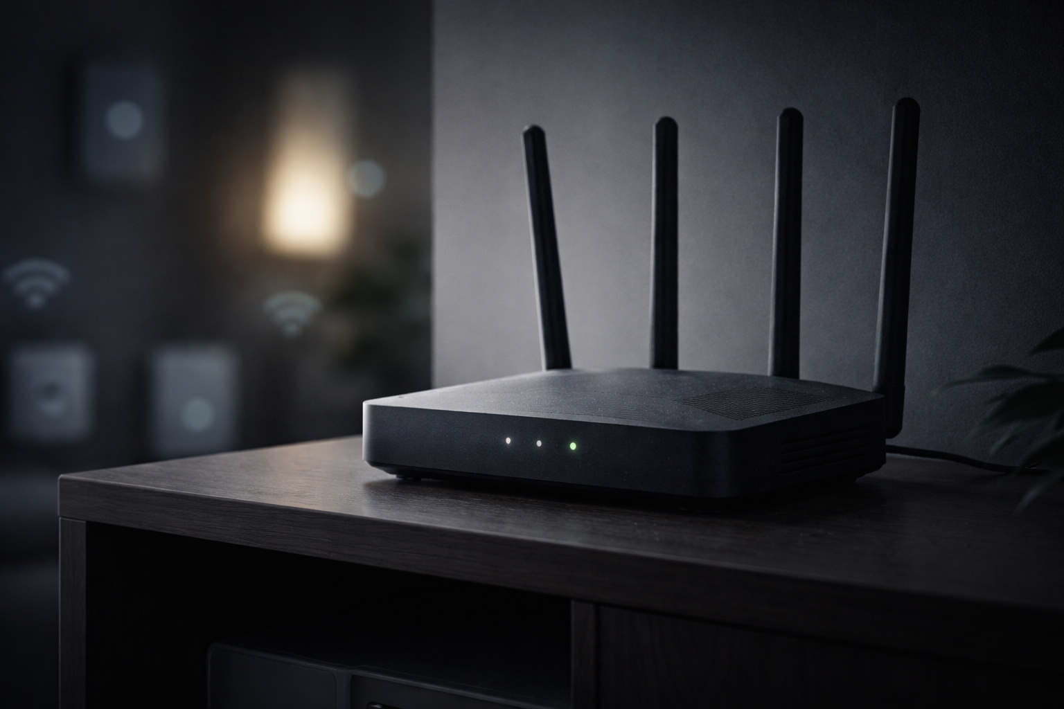 An ageing wireless router in a dark room